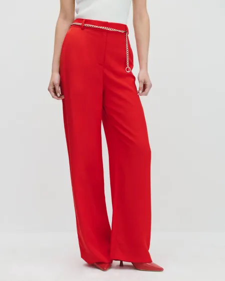 Pantalón Wide Leg Tiro Alto De Lino Rojo Con Cadena