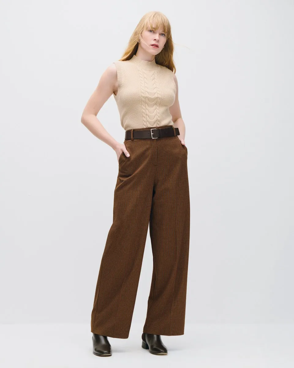 Pantalón Wide Leg Tiro Alto Mini Cuadros Bronce Con Lúrex Y Cinturón 