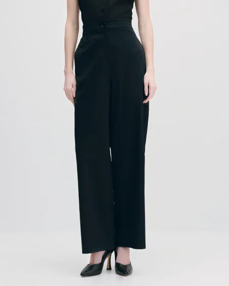 Pantalón Wide Leg Tiro Alto Negro Pretina Enresortada