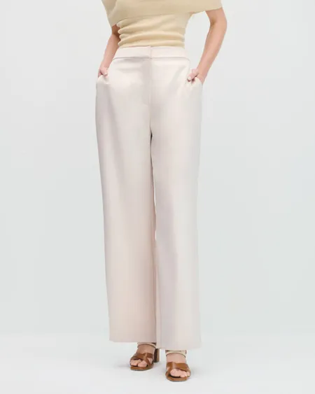 Pantalón Wide Leg Tiro Alto Satín Corrugado Champagne