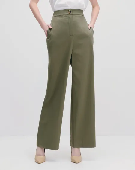 Pantalón Wide Leg Tiro Alto Verde Musgo Pretina Enresortada
