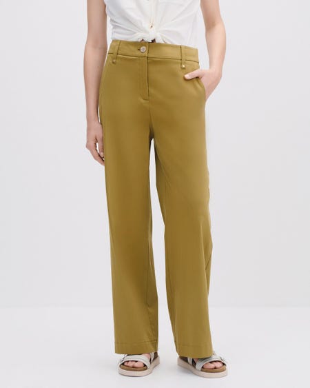 Pantalón Wide Leg Tiro Alto Verde Olivo Trabas Con Botón Monograma