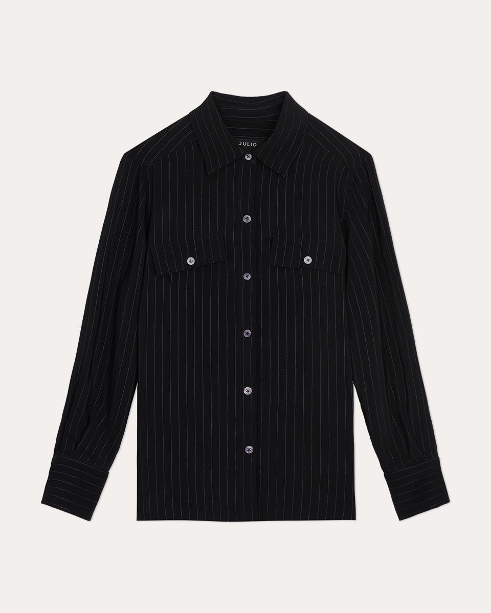 Blusa Negra Camisera A Rayas Con Lúrex 