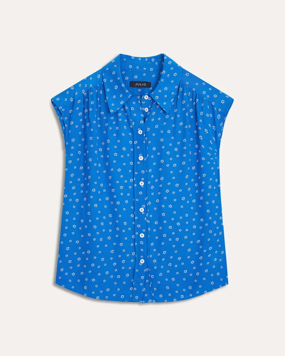 Blusa Azul Klein Estampado Mini Floral Pliegues En Hombro 