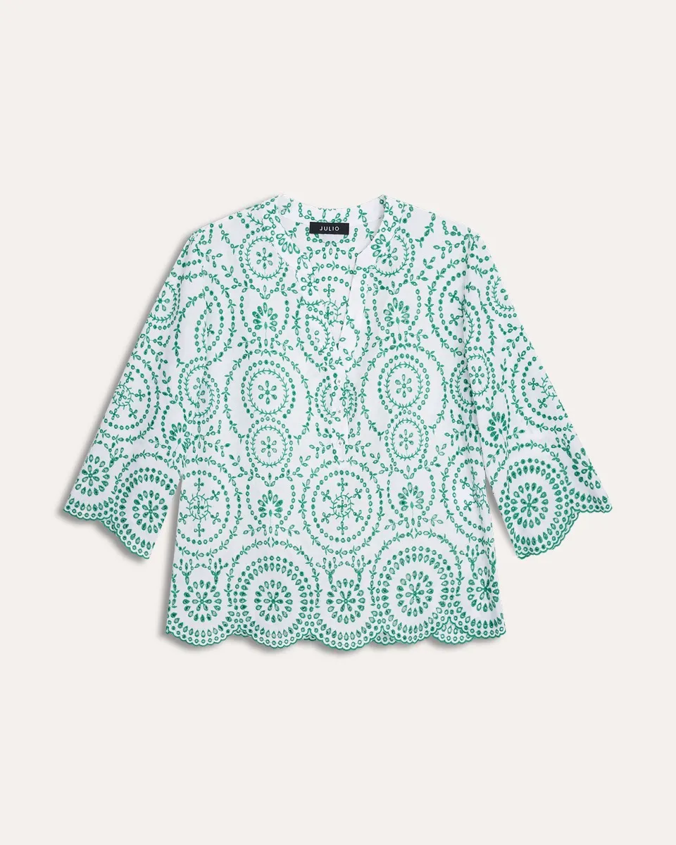 Blusa Blanca Bordado Verde Trébol Manga 3/4 