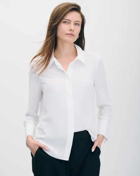 Blusa Blanca Camisera Aletilla Oculta Alforzas En Puño