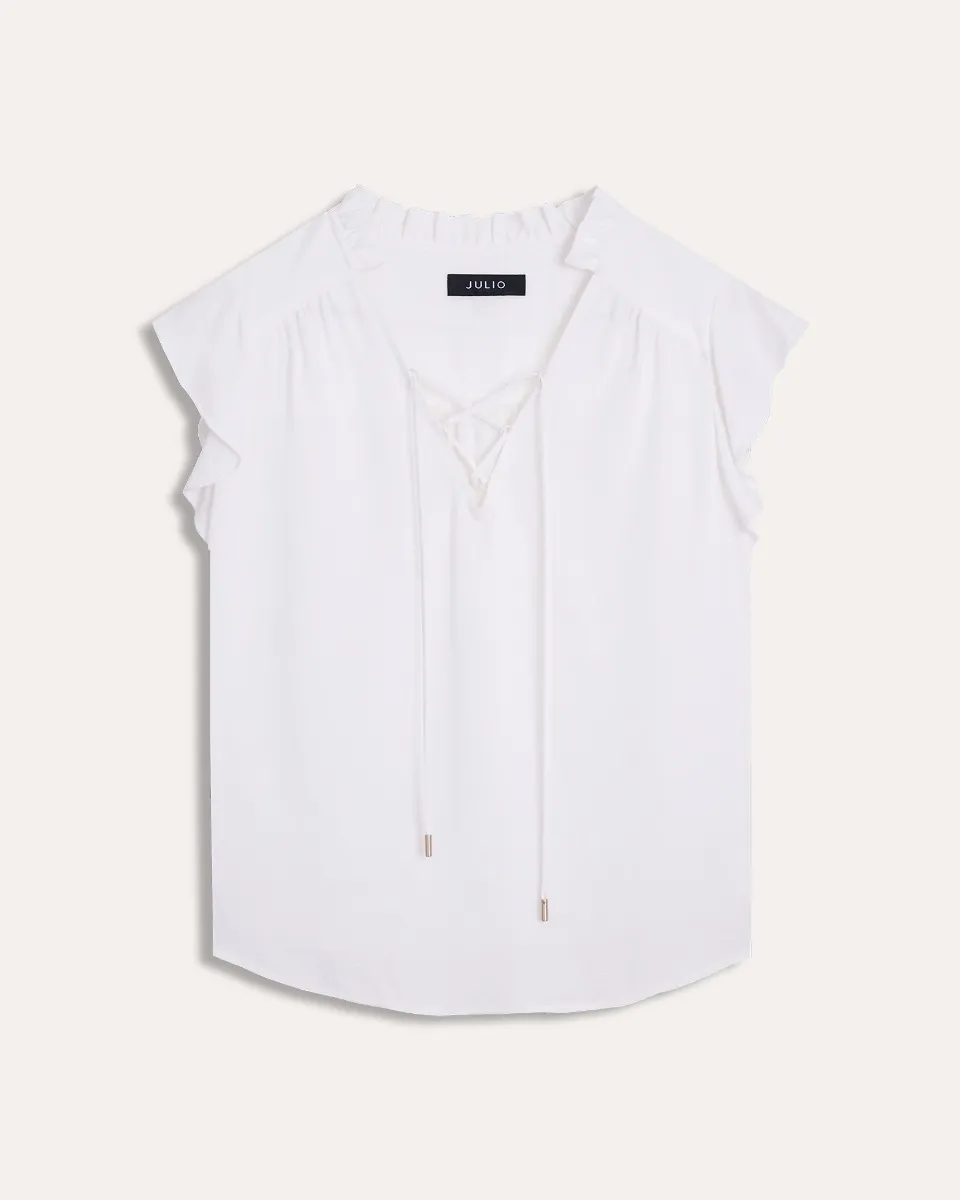 Blusa Blanca De Jacquard Escote V Manga Escarola 