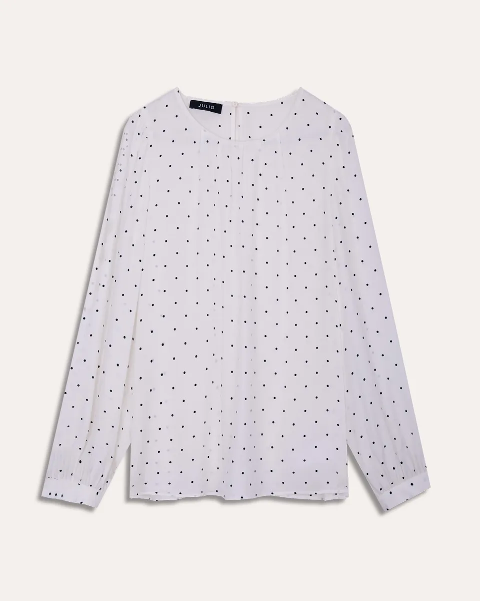 Blusa Blanca De Lunares Escote Redondo Con Alforzas 