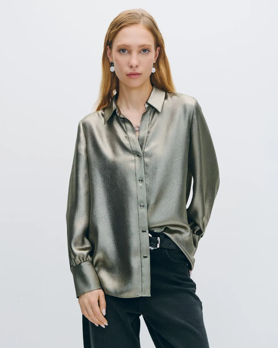 Blusa Camisera De Chifón Corrugado Dorado Metalizado 
