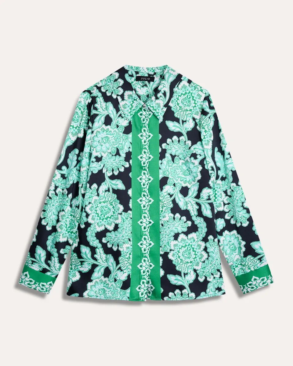 Blusa Camisera Satinada Estampado Maxi Floral Verde Trébol 