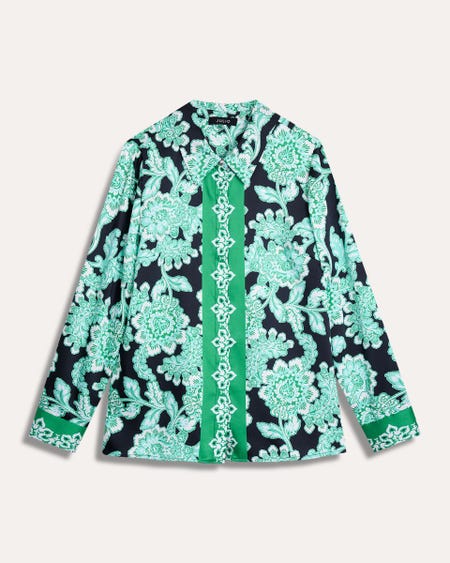 Blusa Camisera Satinada Estampado Maxi Floral Verde Trébol