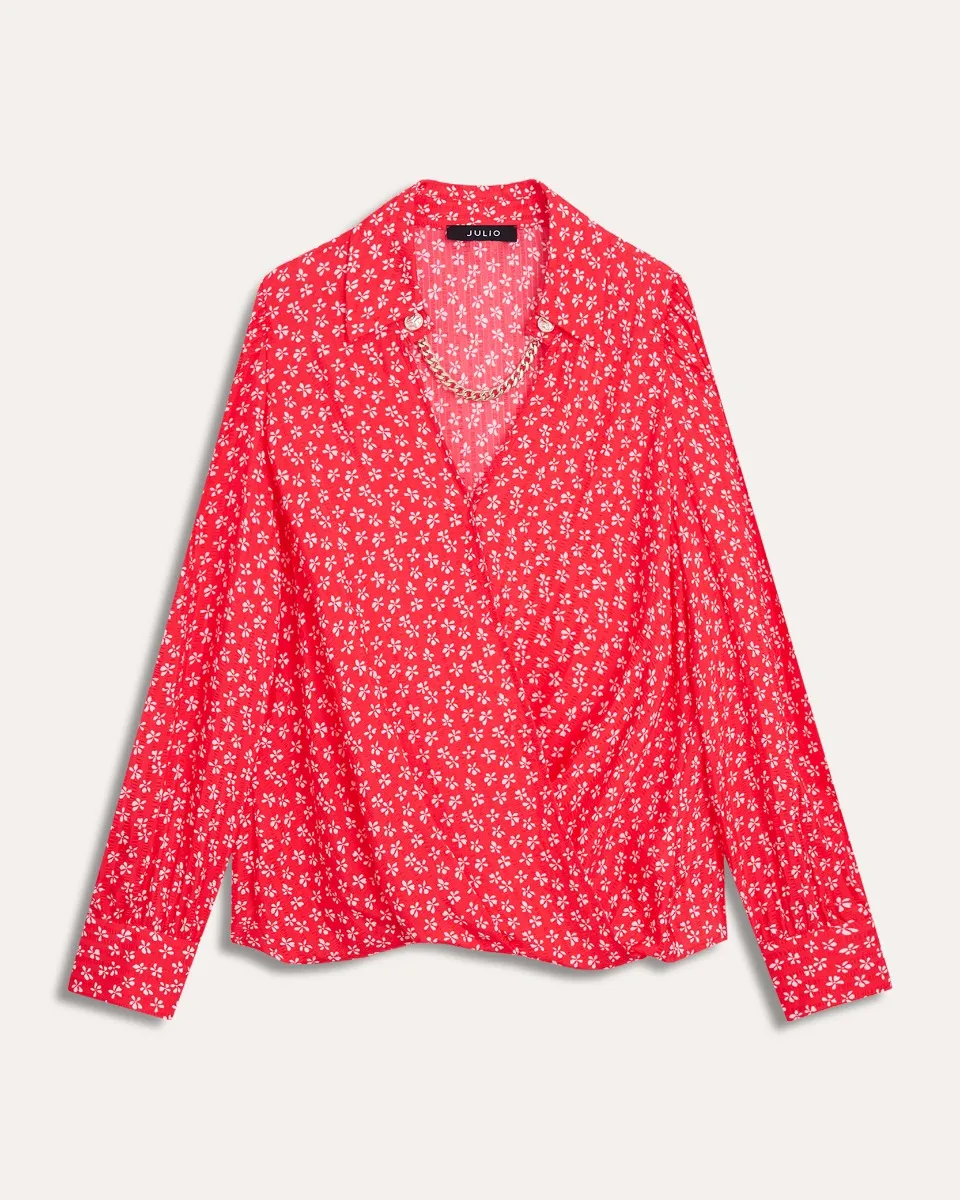 Blusa Envolvente Rojo Escarlata Jacquard Floral Detalle Cadena 