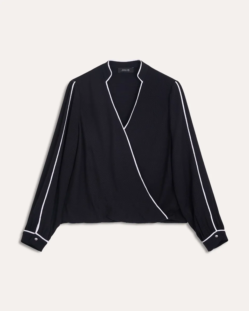 Blusa Negra Envolvente De Jacquard Ribetes En Contraste 