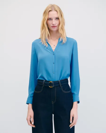 Blusa Azul Azulino Cuello Mao Escote V