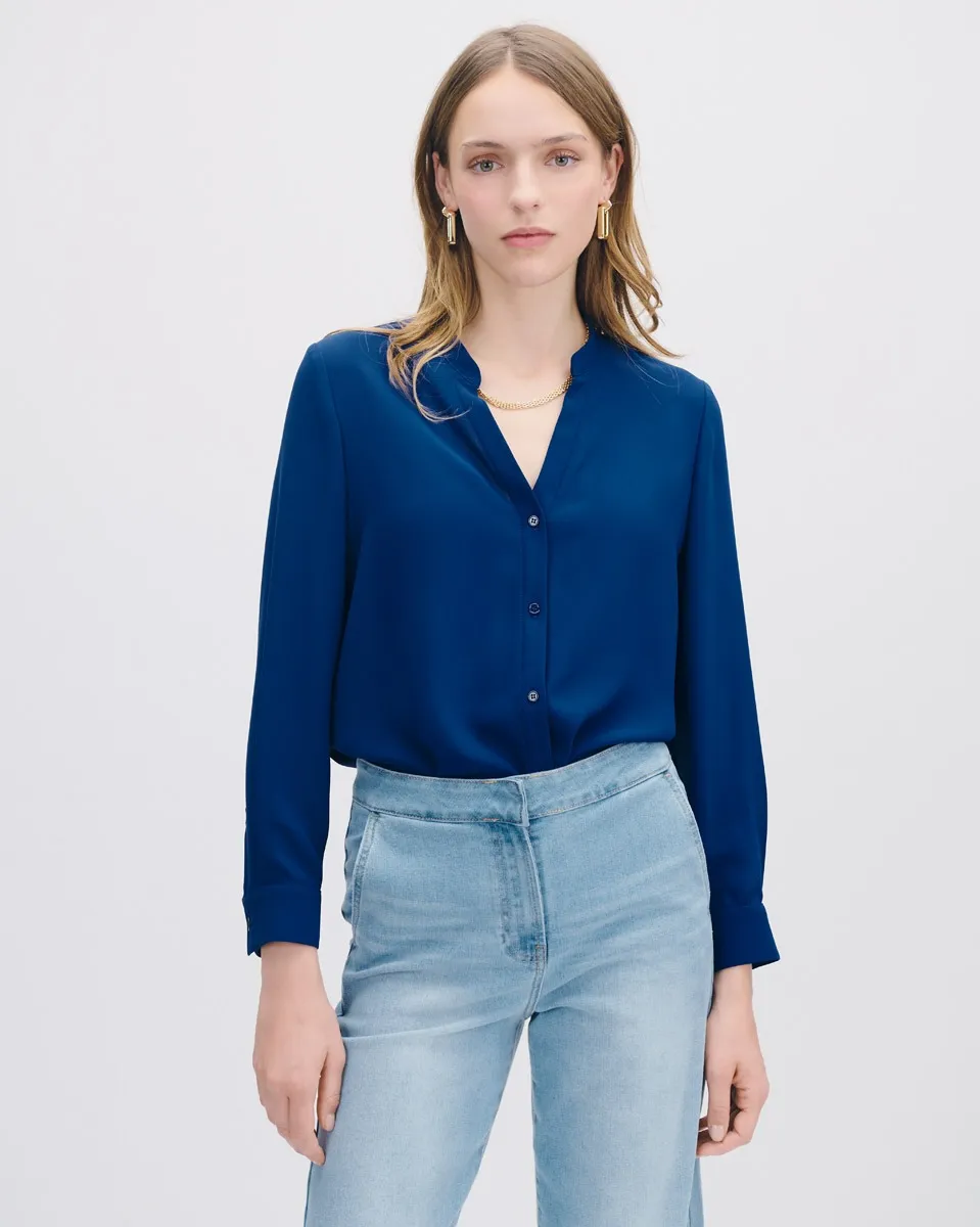 Blusa Azul Rey Cuello Mao Escote V 