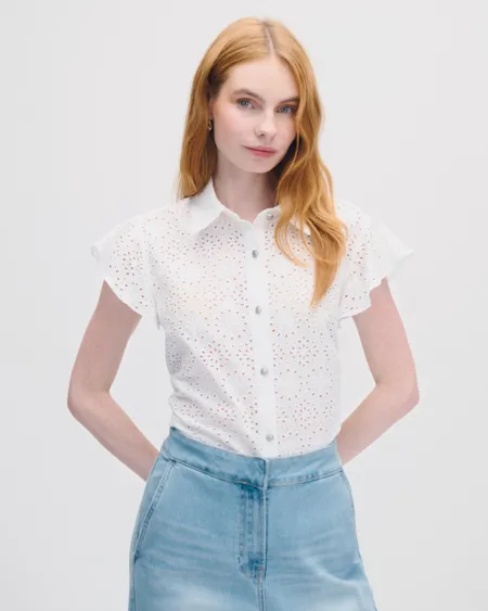 Blusa Blanca Cuello Camisero Bordado Floral Calado Manga Escarola