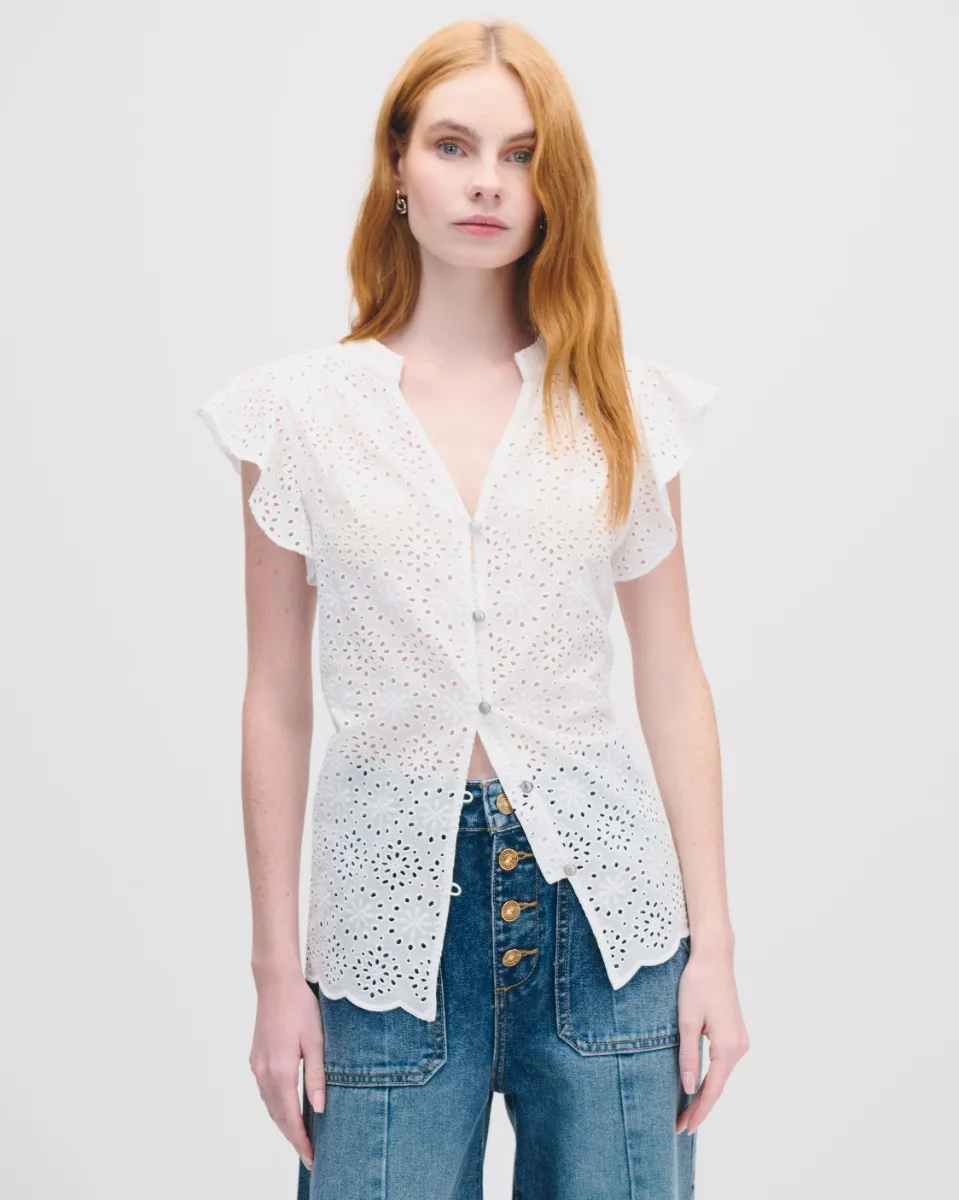 Blusa Blanca Cuello Mao  Bordado Floral Calado Manga Escarola 
