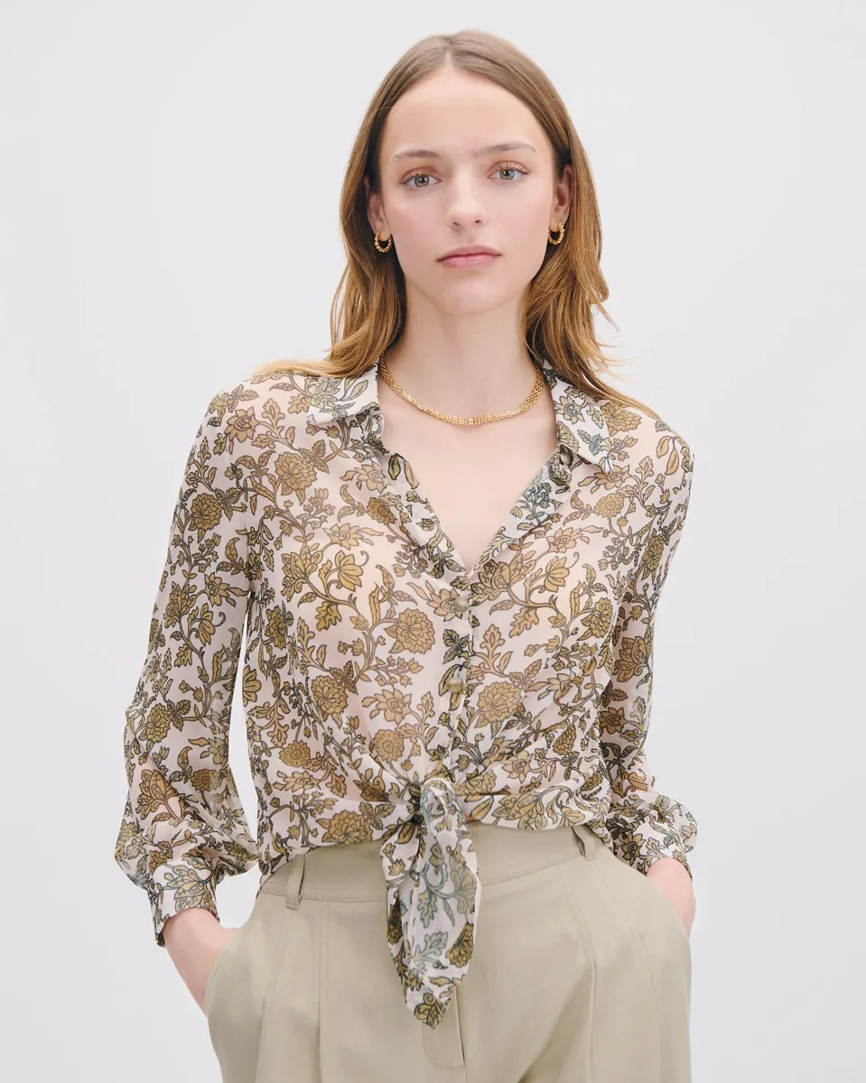 Blusa Camisera De Chifón Estampado Floral Con  Amarre En Ruedo 