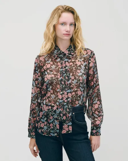 Blusa Camisera De Chifón Floral Con Lúrex Con Corbatín