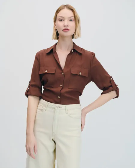 Blusa Camisera De Lino Café Teja Manga 3/4 Con Charreteras