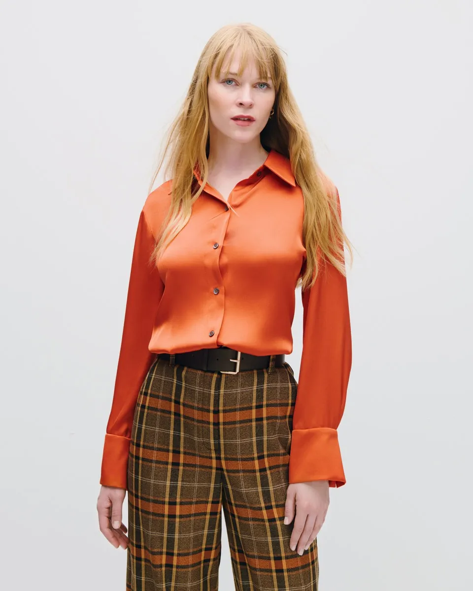 Blusa Camisera De Satín Ocre 