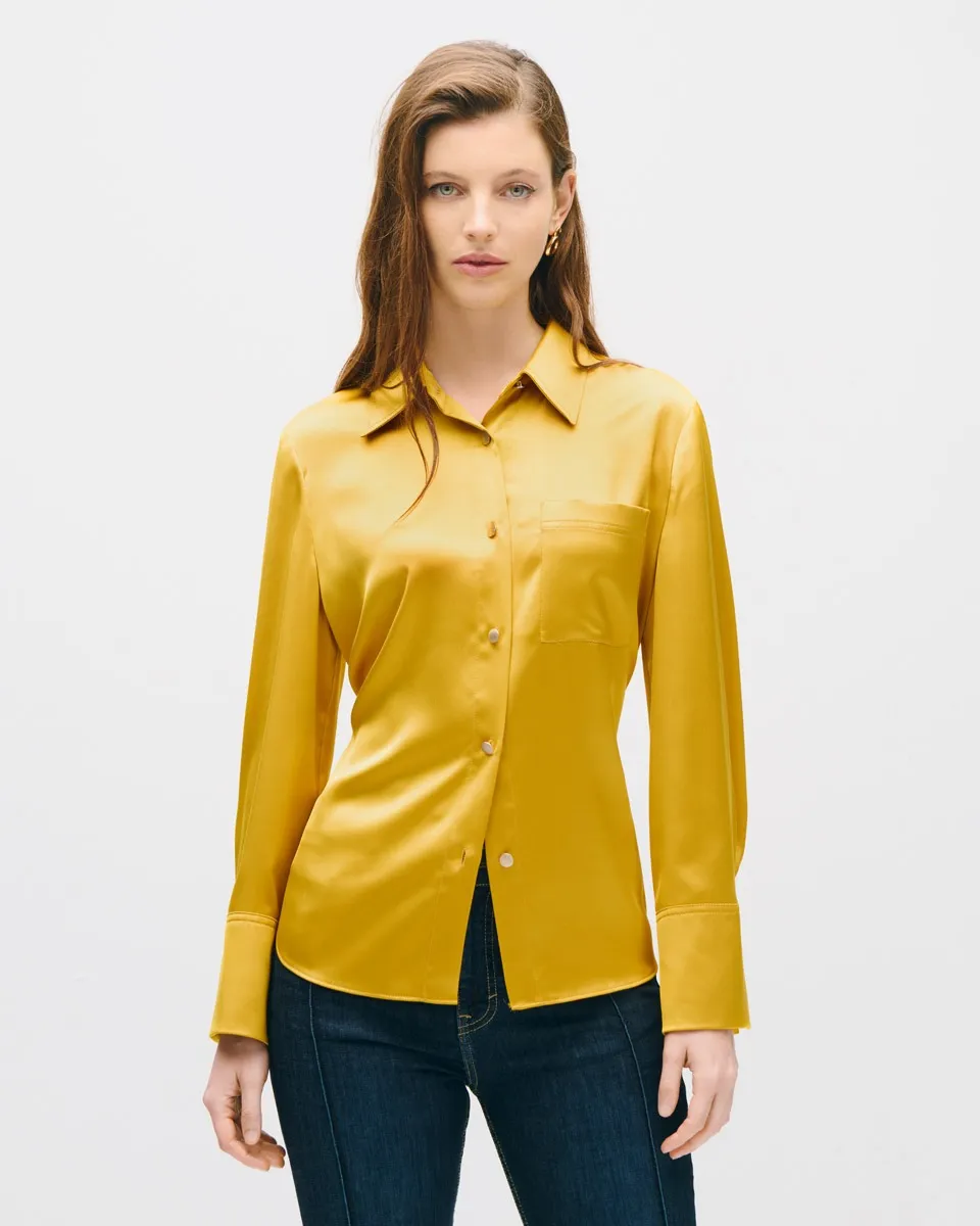 Blusa Camisera De Satín Oro Bolsillo Parche Puño Ancho 