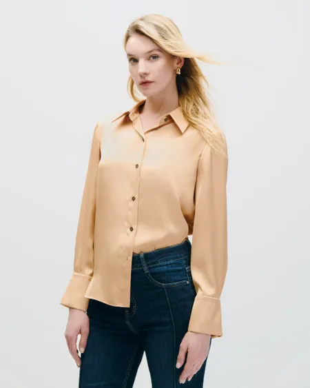 Blusa Camisera De Satín Oro Puño Francés