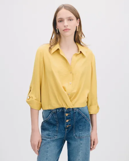 Blusa Corta Amarillo Aceite Enresortado En Cintura Y Charreteras