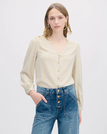 Blusa Cuello Mao Escote V Estampado Étnico Con Lúrex