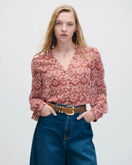 Blusa De Chifón Corrugado Marrón Estampado Ornamental