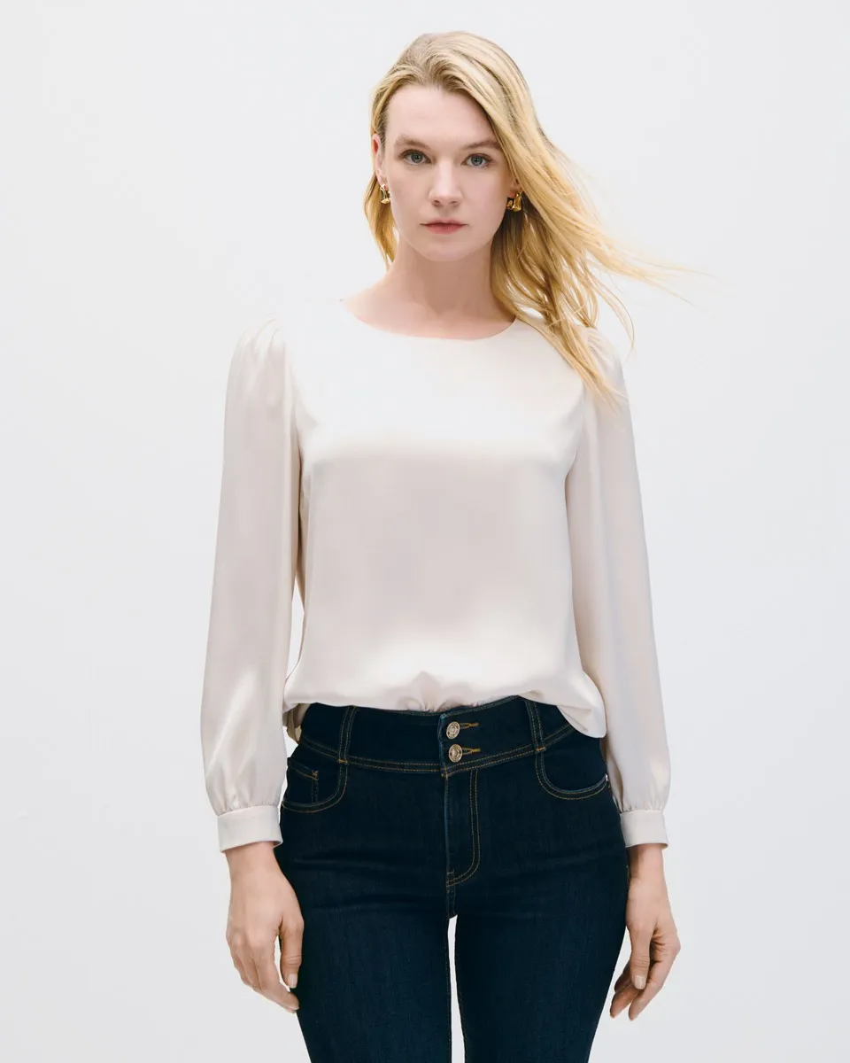 Blusa De Satín Champagne Escote Redondo Y Frunces 