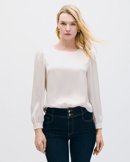 Blusa De Satín Champagne Escote Redondo Y Frunces