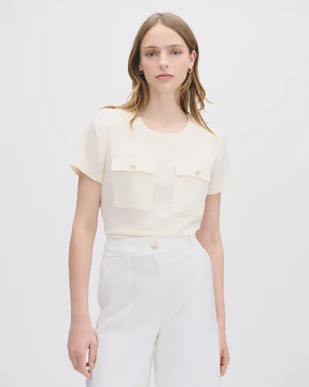 Blusa De Satín Con Textura Hueso Bolsillos Cartera