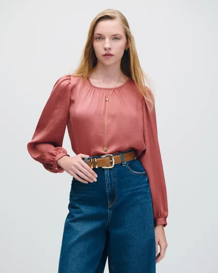 Blusa De Satín Corrugado Marrón Escote Redondo Y Frunces