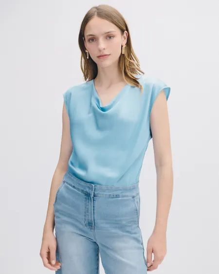 Blusa De Satín Escote Drapeado Azul Azulino