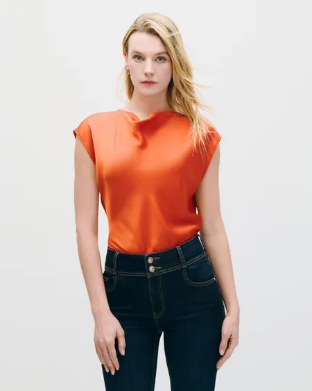 Blusa De Satín Terracota Escote Drapeado