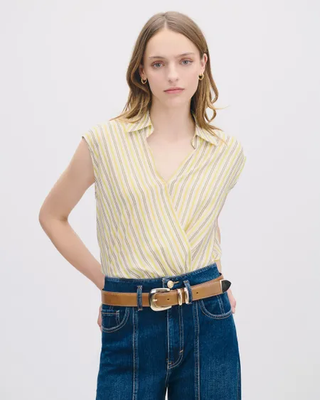 Blusa Envolvente A Rayas Multicolor Con Lúrex Cuello Camisero