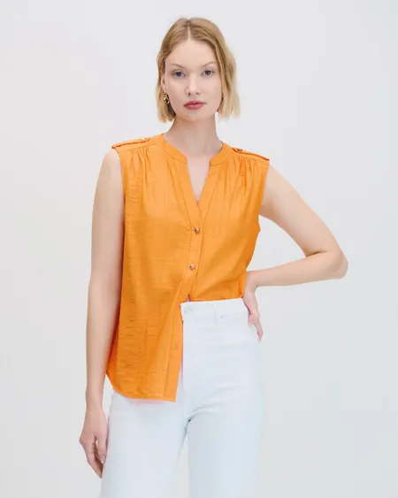 Blusa Naranja Efecto Corrugado Charreteras Y Frunces