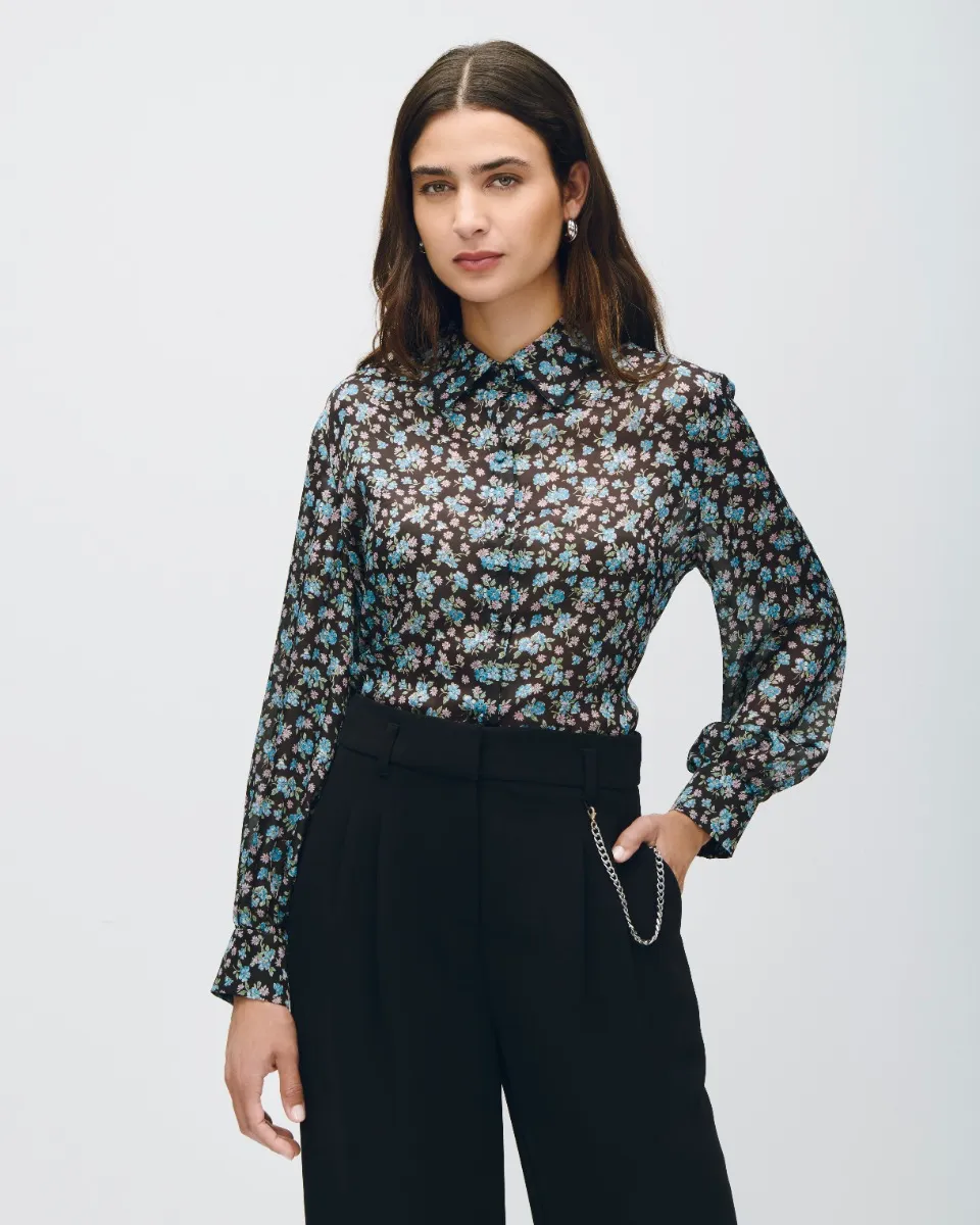 Blusa Negra Camisera Satín Estampado Floral 