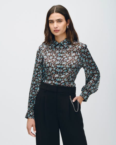 Blusa Negra Camisera Satín Estampado Floral
