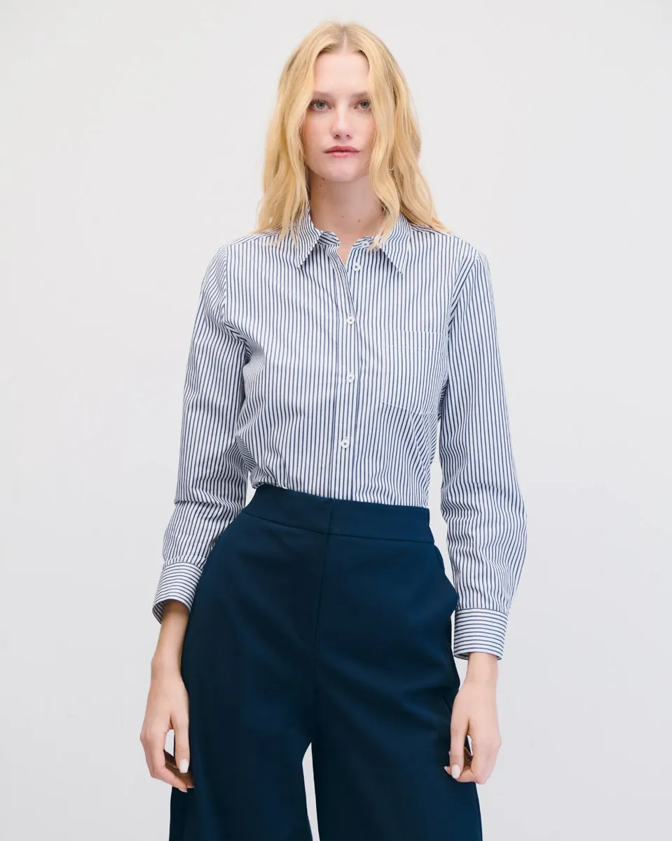 Camisa A Rayas Azul Y Blanco Bolsillo De Parche 