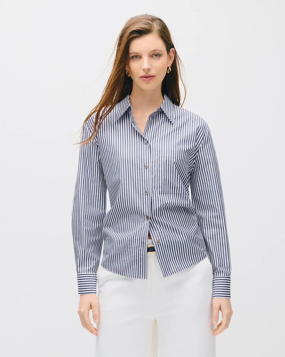 Camisa A Rayas Azul Y Blanco Bolsillo De Parche  