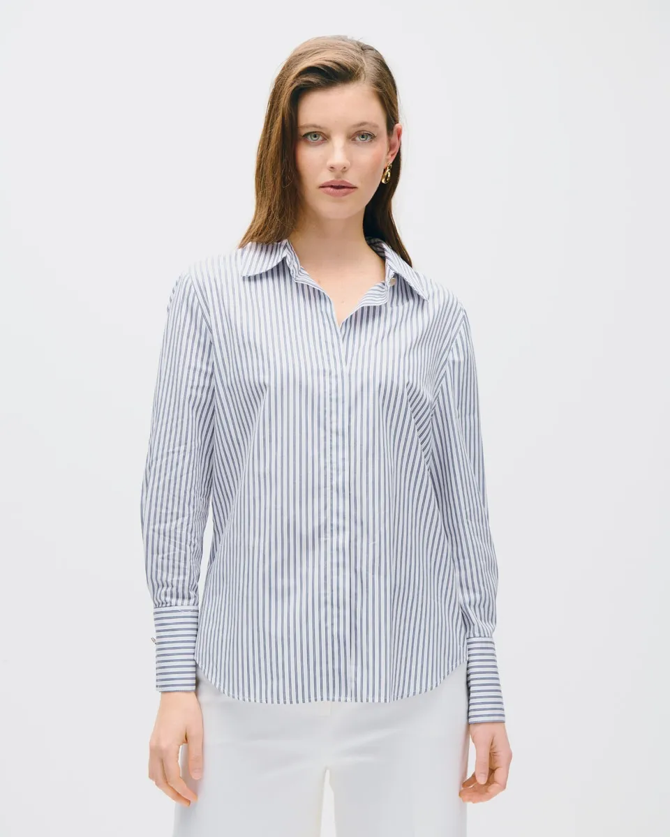 Camisa Doble Raya Marino Puño Ancho Con Mancuernilla  