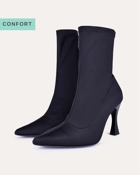 Botín Negro De Nylon Tacón Acampanado