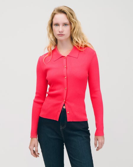 Suéter Tipo Polo Tejido Canalé Rosa Con Lúrex