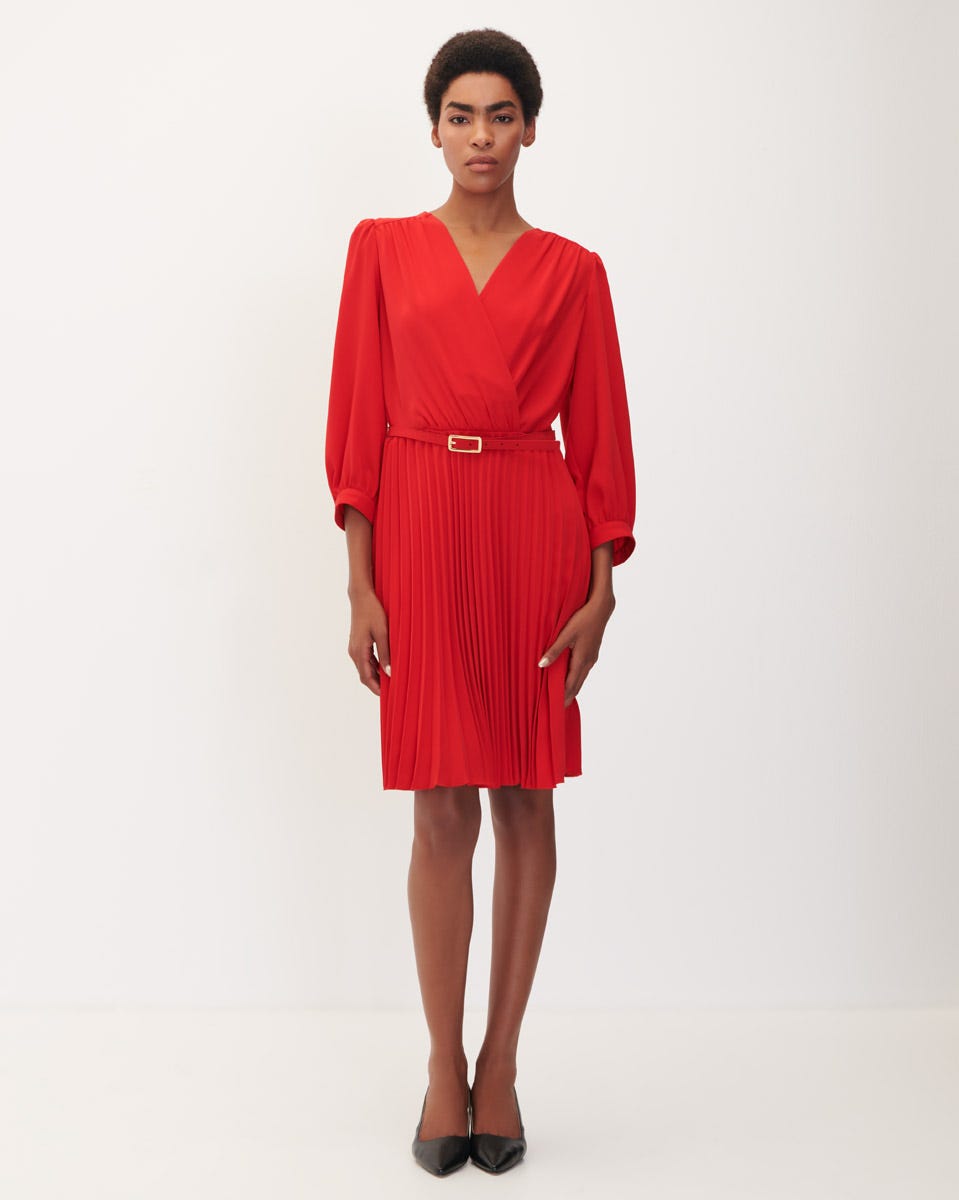 Vestido Rojo Plisado Con Cintur n