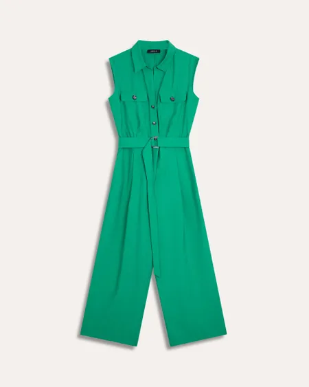 Jumpsuit Corto Recto Fluido Verde Trebol Efecto Corrugado