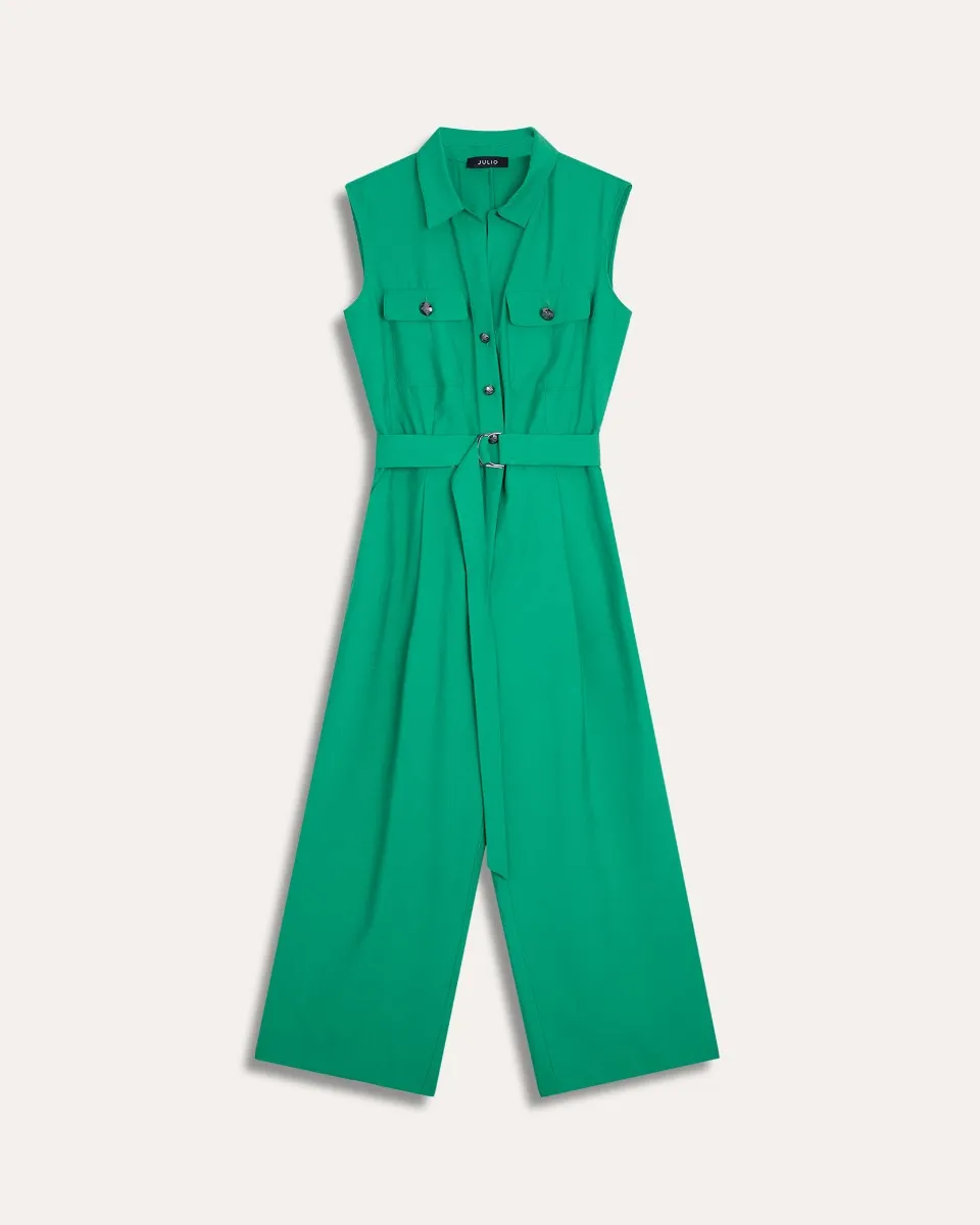 Jumpsuit Corto Recto Fluido Verde Trebol  Efecto Corrugado 