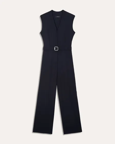 Jumpsuit Negro Recto Fluido Cierre En Aletilla Y Hombreras