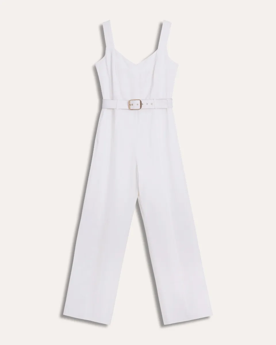Jumpsuit Recto Fluido Blanco De Lino Escote V Con Pespuntes 